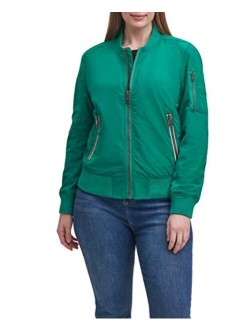 Women's Poly Bomber Jacket with Contrast Zipper Pockets