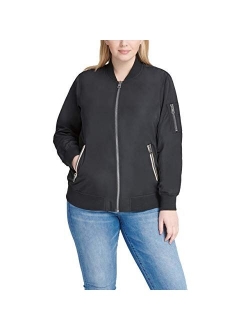 Women's Poly Bomber Jacket with Contrast Zipper Pockets