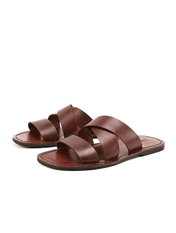 Rouroumaoyi Casual Shoes Summer Men Slides Cow Leather Beach Slippers Non-Slip Male Slippers Zapatos Hombre Casual Shoes Men Outdoor (Color : Brown, Size : 8.5-MUS)