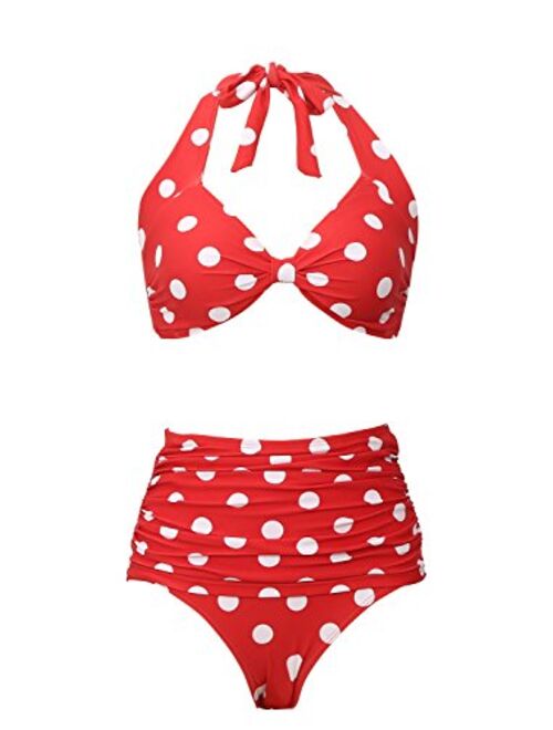 Retro High Waist Swimsuit for Women Halter 2 Piece Bathing Suit Ruffle Bikini Set Tummy Control