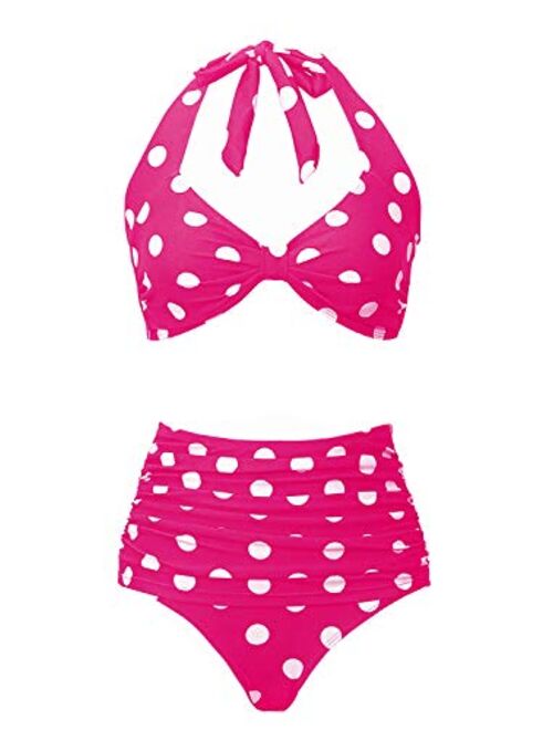 Retro High Waist Swimsuit for Women Halter 2 Piece Bathing Suit Ruffle Bikini Set Tummy Control