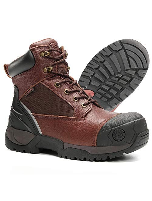 HANDMEN Work Boots for Men - 6" Composite Toe & Soft Toe Mens Work Boots, Non-Slip Puncture-Proof Water Resistant Safety EH Moc Toe Construction Work Shoes (Claret)