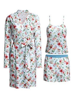 3 Piece Womens Cami Pajama Set with Robe Tank Top and Lounge Pajama Shorts Sleepwear Travel Set