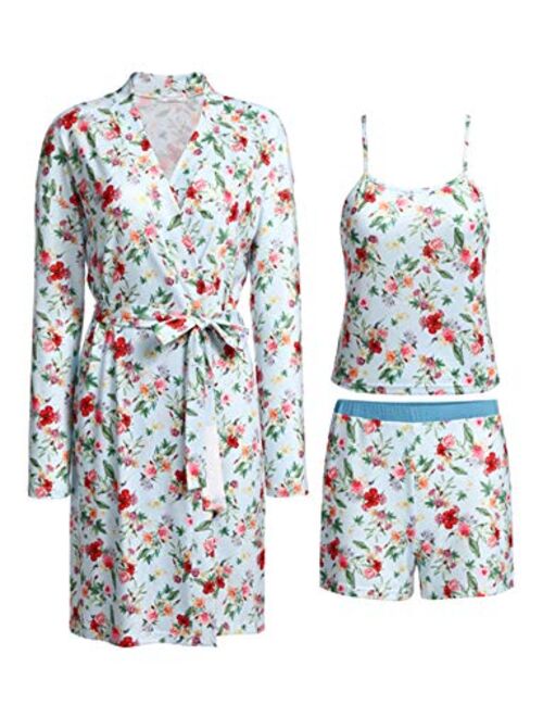 Ekouaer 3 Piece Womens Cami Pajama Set with Robe Tank Top and Lounge Pajama Shorts Sleepwear Travel Set