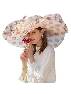 100% Organza Hats Kentucky Derby Large Wide Brim Flower Fedoras Polka Dot Wedding Hat