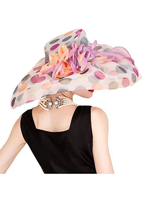 F FADVES 100% Organza Hats Kentucky Derby Large Wide Brim Flower Fedoras Polka Dot Wedding Hat