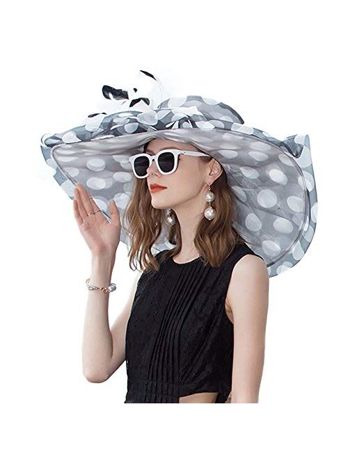 F FADVES 100% Organza Hats Kentucky Derby Large Wide Brim Flower Fedoras Polka Dot Wedding Hat