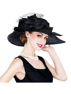 Women Hats Organza Wide Brim Floral Kentucky Derby Wedding Fascinator Dress Hat