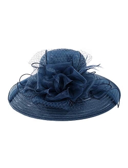 Women Hats Organza Wide Brim Floral Kentucky Derby Wedding Fascinator Dress Hat