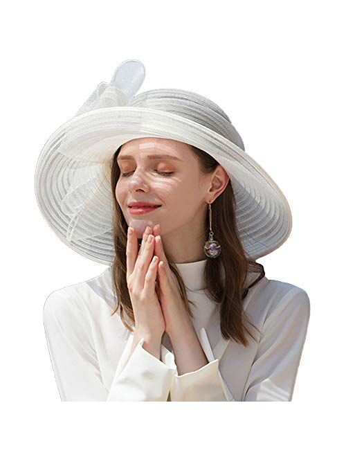 F FADVES Women Bowknot Party Wedding Organza Hat Wide Brim Church Dress Sun Hat