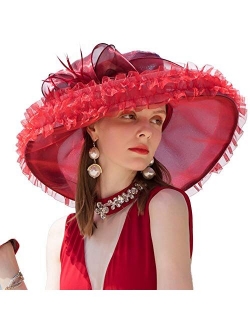 Ladies Large Wide Brim Organza Hats Church Kentucky Derby Party Wedding Fascinator Fedora Hat