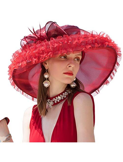 F FADVES Ladies Large Wide Brim Organza Hats Church Kentucky Derby Party Wedding Fascinator Fedora Hat