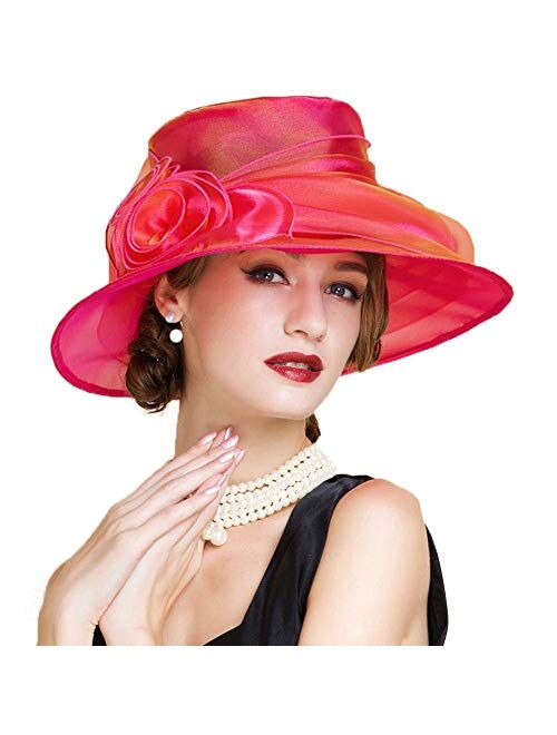 F FADVES Women's Organza Wedding Dress Floral Church Kentucky Derby Hats