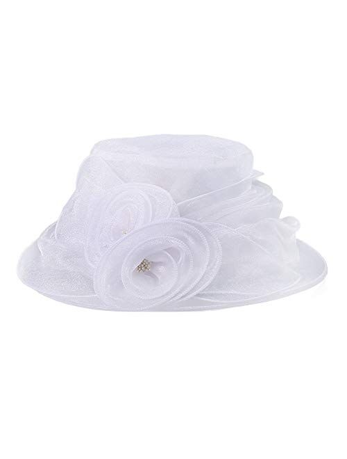 F FADVES Women's Organza Wedding Dress Floral Church Kentucky Derby Hats