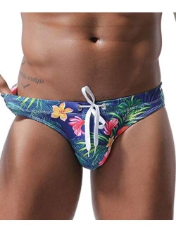 MIZOK Men's Sexy Low Rise Flowers Print Quick Dry Swim Briefs Bikini Swimsuit Swimwear