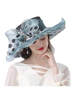 Women's Organza Fascinators Hats Polka Wide Brim Sun Kentucky Derby Tea Party Church Floppy Bow