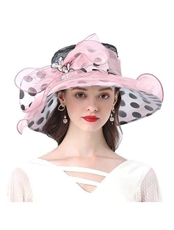 Women's Organza Fascinators Hats Polka Wide Brim Sun Kentucky Derby Tea Party Church Floppy Bow