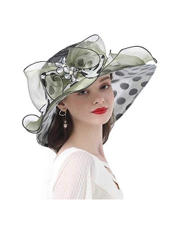 Women's Organza Fascinators Hats Polka Wide Brim Sun Kentucky Derby Tea Party Church Floppy Bow