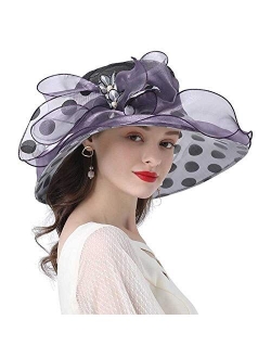 Women's Organza Fascinators Hats Polka Wide Brim Sun Kentucky Derby Tea Party Church Floppy Bow