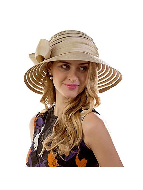 F FADVES Ladies' Satin Bowknot Cloche Sun Hat Curved Wide Brim Bucket Wedding Party Cap