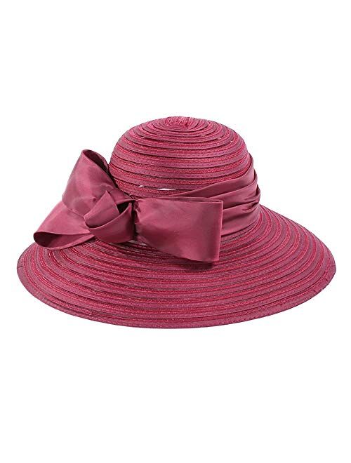 F FADVES Ladies' Satin Bowknot Cloche Sun Hat Curved Wide Brim Bucket Wedding Party Cap