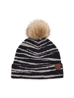 Funky Junque Womens Beanie Leopard Zebra Animal Print Warm Knit Faux Fur Pom Hat