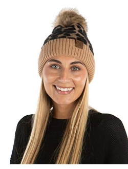 Funky Junque Womens Beanie Leopard Zebra Animal Print Warm Knit Faux Fur Pom Hat