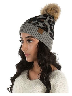 Funky Junque Womens Beanie Leopard Zebra Animal Print Warm Knit Faux Fur Pom Hat