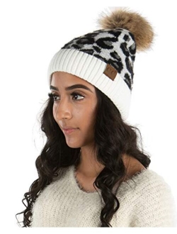 Funky Junque Womens Beanie Leopard Zebra Animal Print Warm Knit Faux Fur Pom Hat