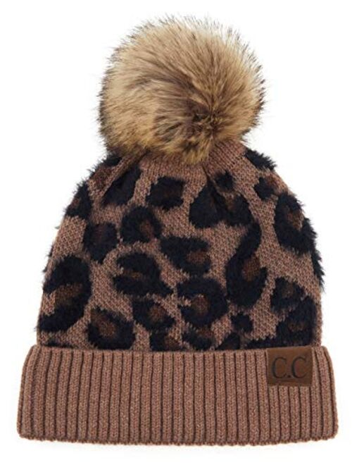 Funky Junque Womens Beanie Leopard Zebra Animal Print Warm Knit Faux Fur Pom Hat