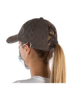 Funky Junque Criss Cross Hat Womens Ponytail Messy Bun Side Buttons Baseball Cap