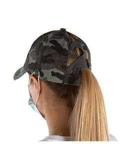 Funky Junque Criss Cross Hat Womens Ponytail Messy Bun Side Buttons Baseball Cap