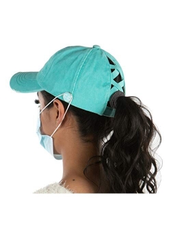 Funky Junque Criss Cross Hat Womens Ponytail Messy Bun Side Buttons Baseball Cap