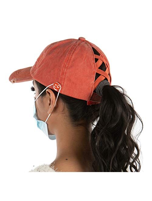 Funky Junque Criss Cross Hat Womens Ponytail Messy Bun Side Buttons Baseball Cap