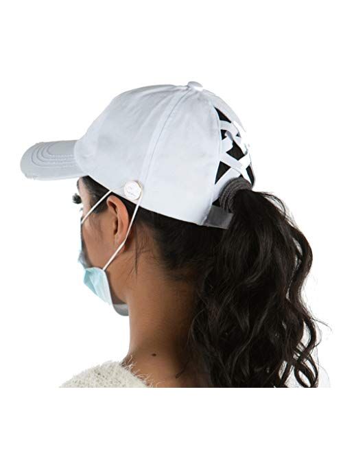 Funky Junque Criss Cross Hat Womens Ponytail Messy Bun Side Buttons Baseball Cap