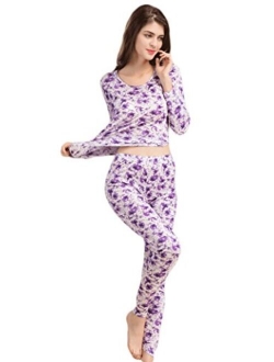 CLC Women's Pure Mulberry Silk Knitted Thermal Underwear Printing Pajama Sets