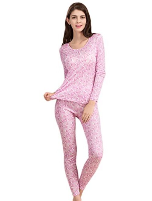 CLC Women's Pure Mulberry Silk Knitted Thermal Underwear Printing Pajama Sets