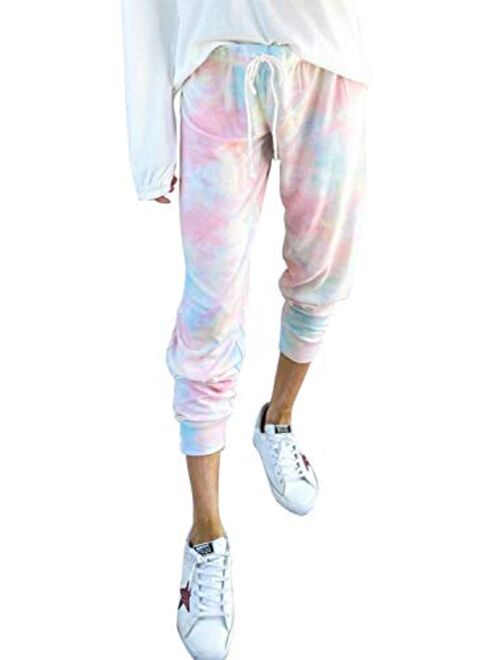 ENLACHIC Women's Tie Dye Printed Jogger Active Drawstring Elastic Waist Lounge Pants Trousers