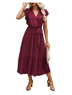 BTFBM Women Summer Bohemian Floral Wrap V Neck Ruffle Cap Sleeveless Belt A-Line Pleated Hem Swing Midi Casual Sun Dress