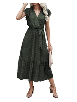 BTFBM Women Summer Bohemian Floral Wrap V Neck Ruffle Cap Sleeveless Belt A-Line Pleated Hem Swing Midi Casual Sun Dress