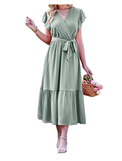 BTFBM Women Summer Bohemian Floral Wrap V Neck Ruffle Cap Sleeveless Belt A-Line Pleated Hem Swing Midi Casual Sun Dress