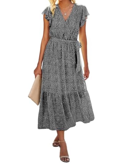 BTFBM Women Summer Bohemian Floral Wrap V Neck Ruffle Cap Sleeveless Belt A-Line Pleated Hem Swing Midi Casual Sun Dress