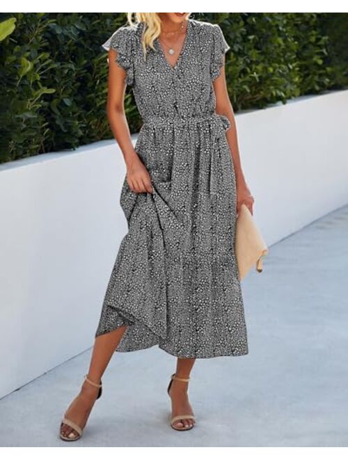 BTFBM Women Summer Bohemian Floral Wrap V Neck Ruffle Cap Sleeveless Belt A-Line Pleated Hem Swing Midi Casual Sun Dress