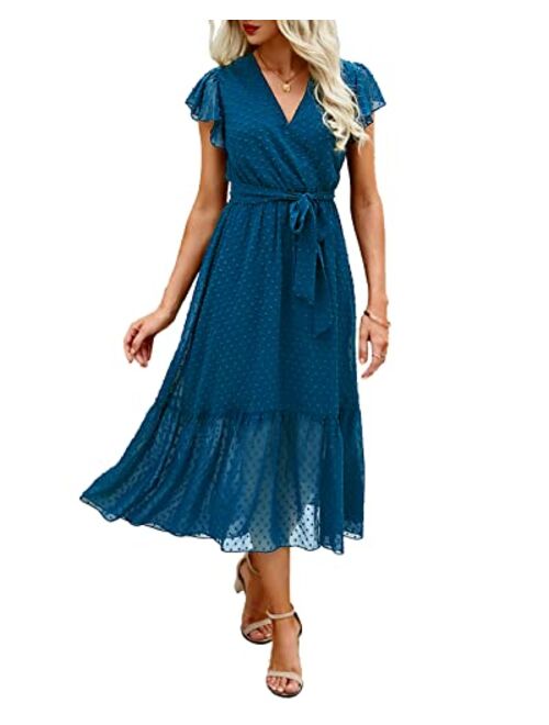 BTFBM Women Summer Bohemian Floral Wrap V Neck Ruffle Cap Sleeveless Belt A-Line Pleated Hem Swing Midi Casual Sun Dress