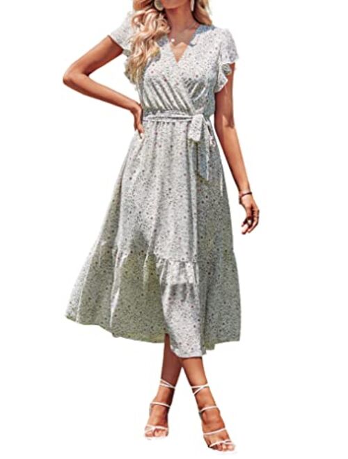 BTFBM Women Summer Bohemian Floral Wrap V Neck Ruffle Cap Sleeveless Belt A-Line Pleated Hem Swing Midi Casual Sun Dress