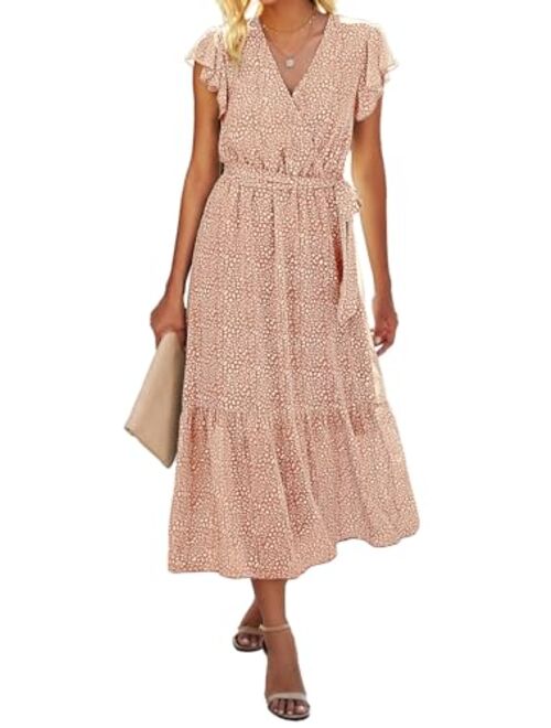 BTFBM Women Summer Bohemian Floral Wrap V Neck Ruffle Cap Sleeveless Belt A-Line Pleated Hem Swing Midi Casual Sun Dress