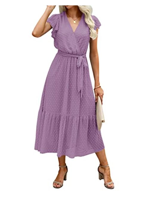 BTFBM Women Summer Bohemian Floral Wrap V Neck Ruffle Cap Sleeveless Belt A-Line Pleated Hem Swing Midi Casual Sun Dress