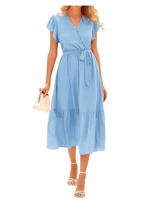 BTFBM Women Summer Bohemian Floral Wrap V Neck Ruffle Cap Sleeveless Belt A-Line Pleated Hem Swing Midi Casual Sun Dress