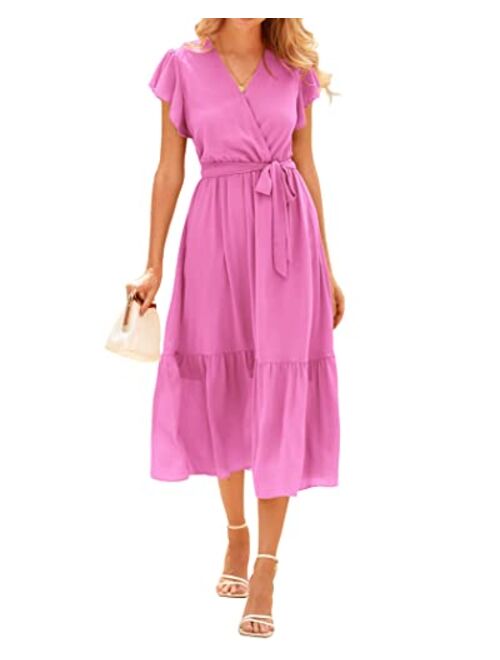 BTFBM Women Summer Bohemian Floral Wrap V Neck Ruffle Cap Sleeveless Belt A-Line Pleated Hem Swing Midi Casual Sun Dress