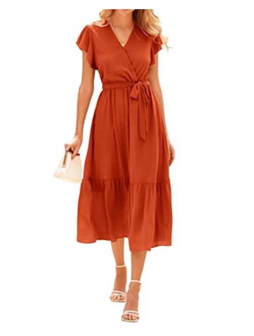 BTFBM Women Summer Bohemian Floral Wrap V Neck Ruffle Cap Sleeveless Belt A-Line Pleated Hem Swing Midi Casual Sun Dress